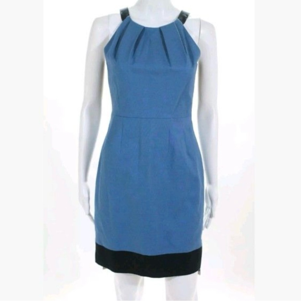T Tahari Blue and Black Sheath Mini Dress with Halter Neckline